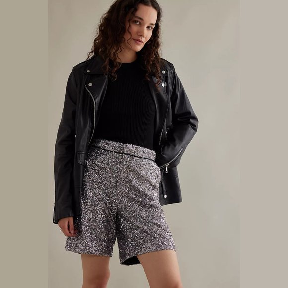 NEW Maeve Size L, Women's Sequin Longline Shorts - Silver - Picture 3 of 8
